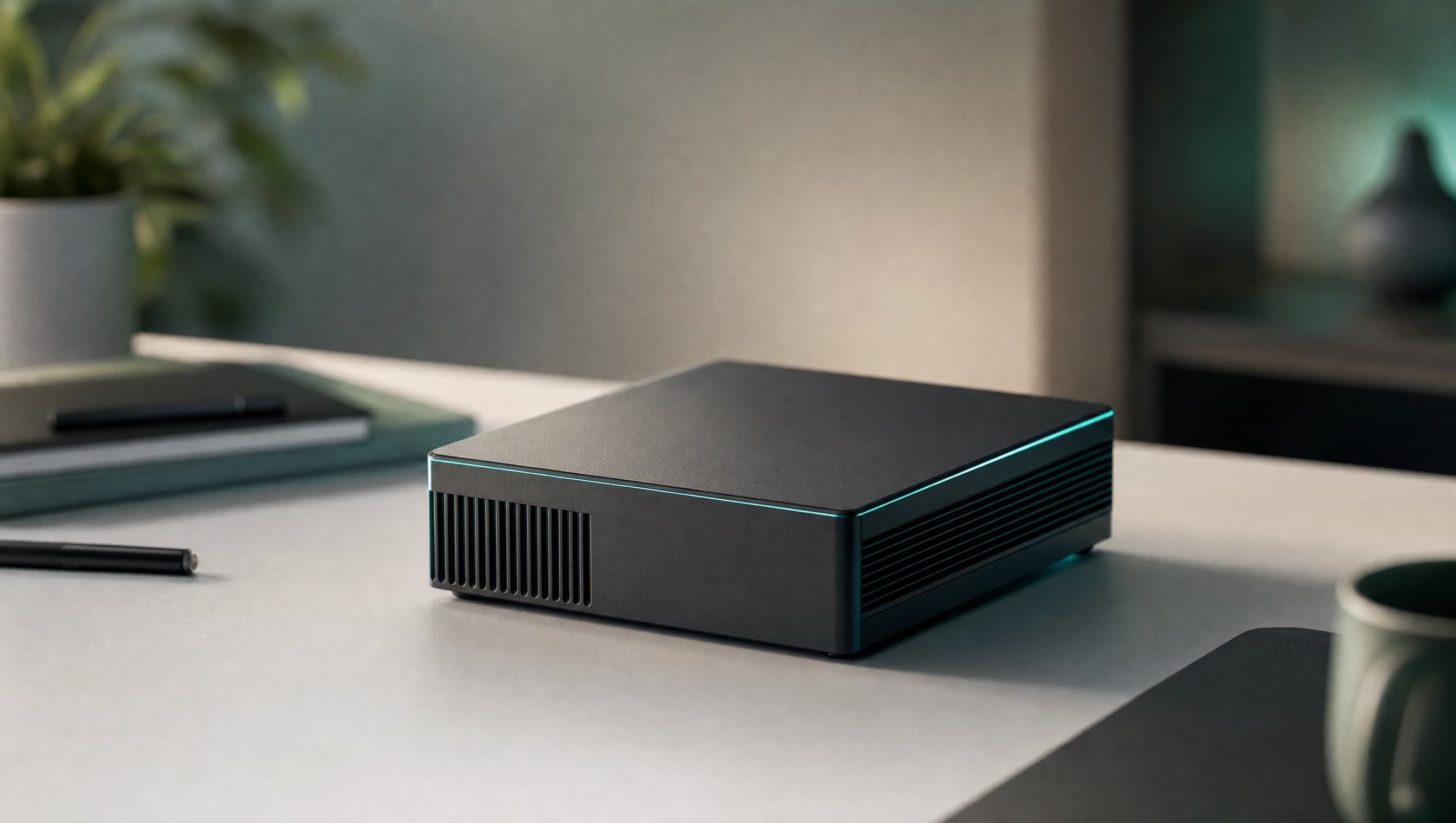 A compact AI compute device on a desk, lit in teal