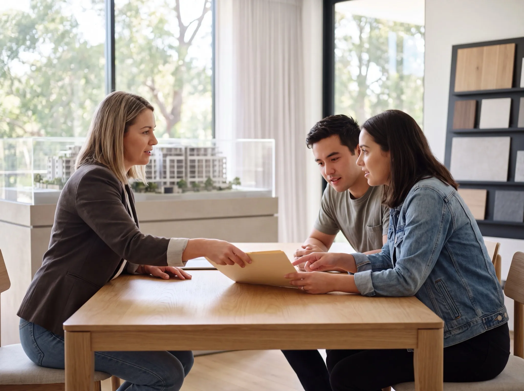 A sales consultant passes a contract folder across a timber table to a young couple in an apartment display suite, with a building model and finish samples behind them.