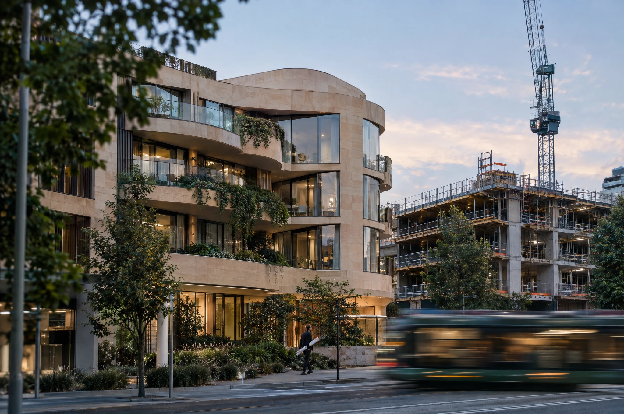 A sandstone apartment development beside a construction site, with a passing bus in the foreground.