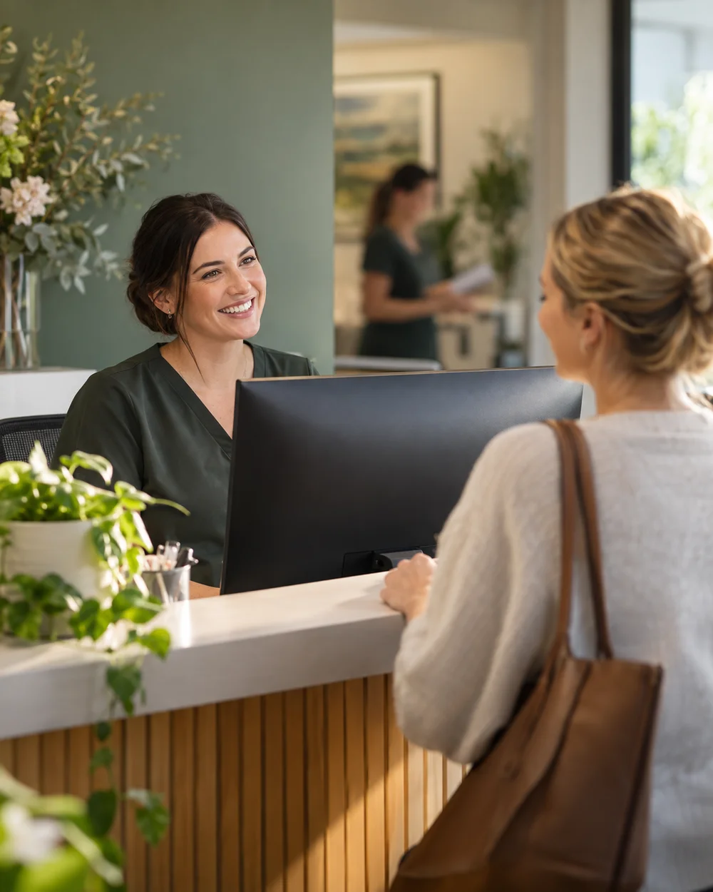 A smiling clinic receptionist speaking with a patient across the reception desk.