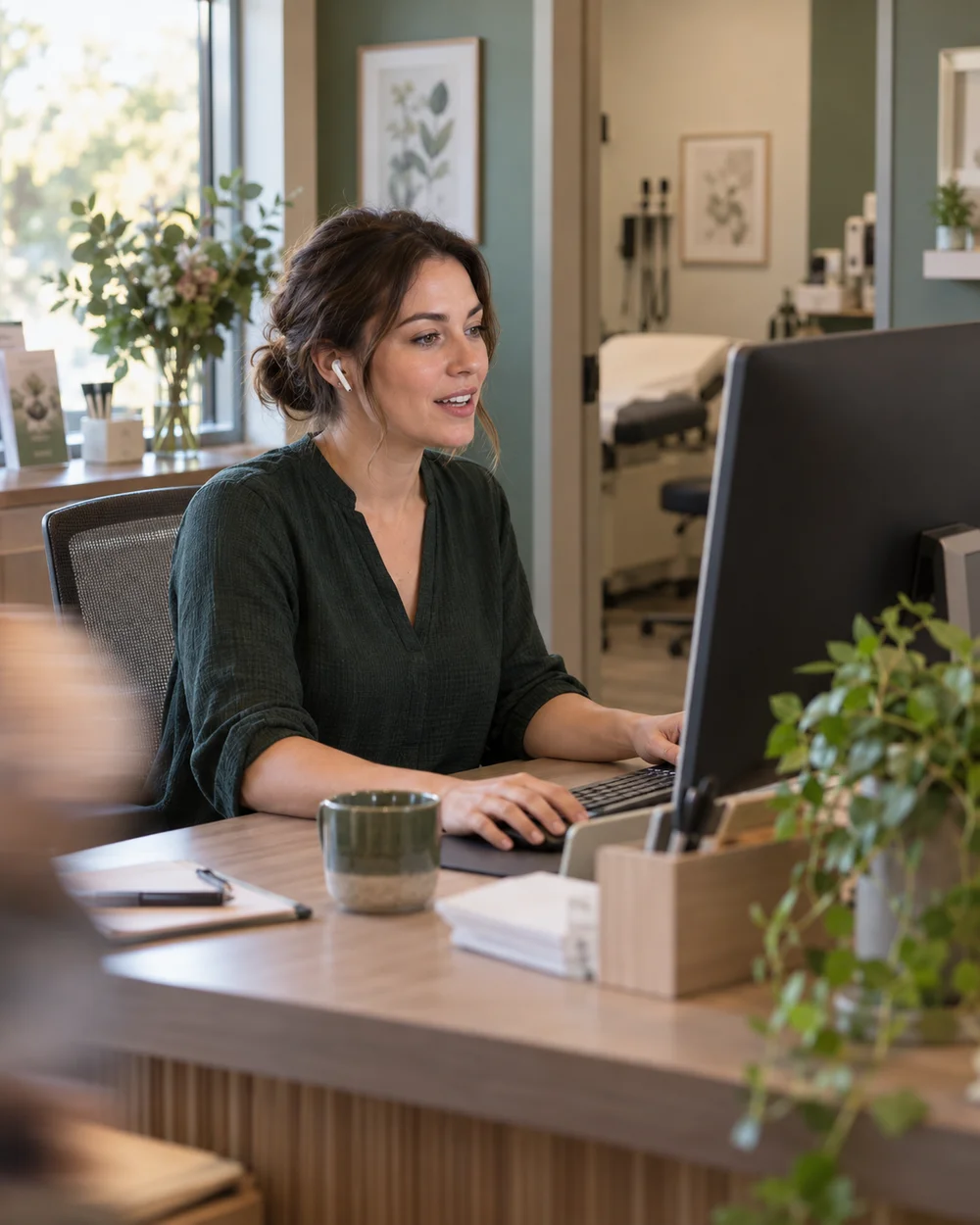 A clinic administrator wearing earphones speaks to a work assistant at her computer.