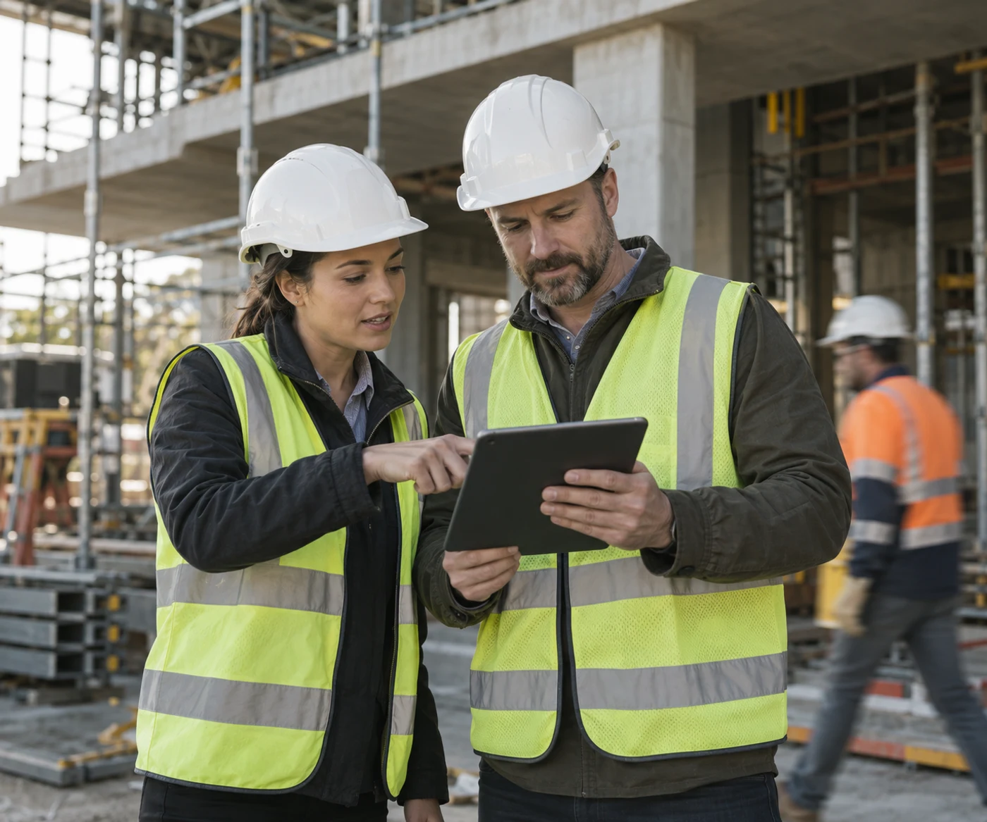Property development team reviewing site work on a tablet