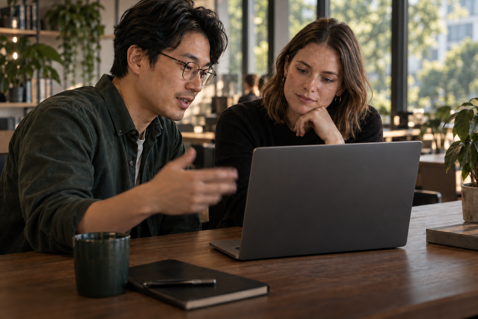 Colleagues working through a task at a laptop